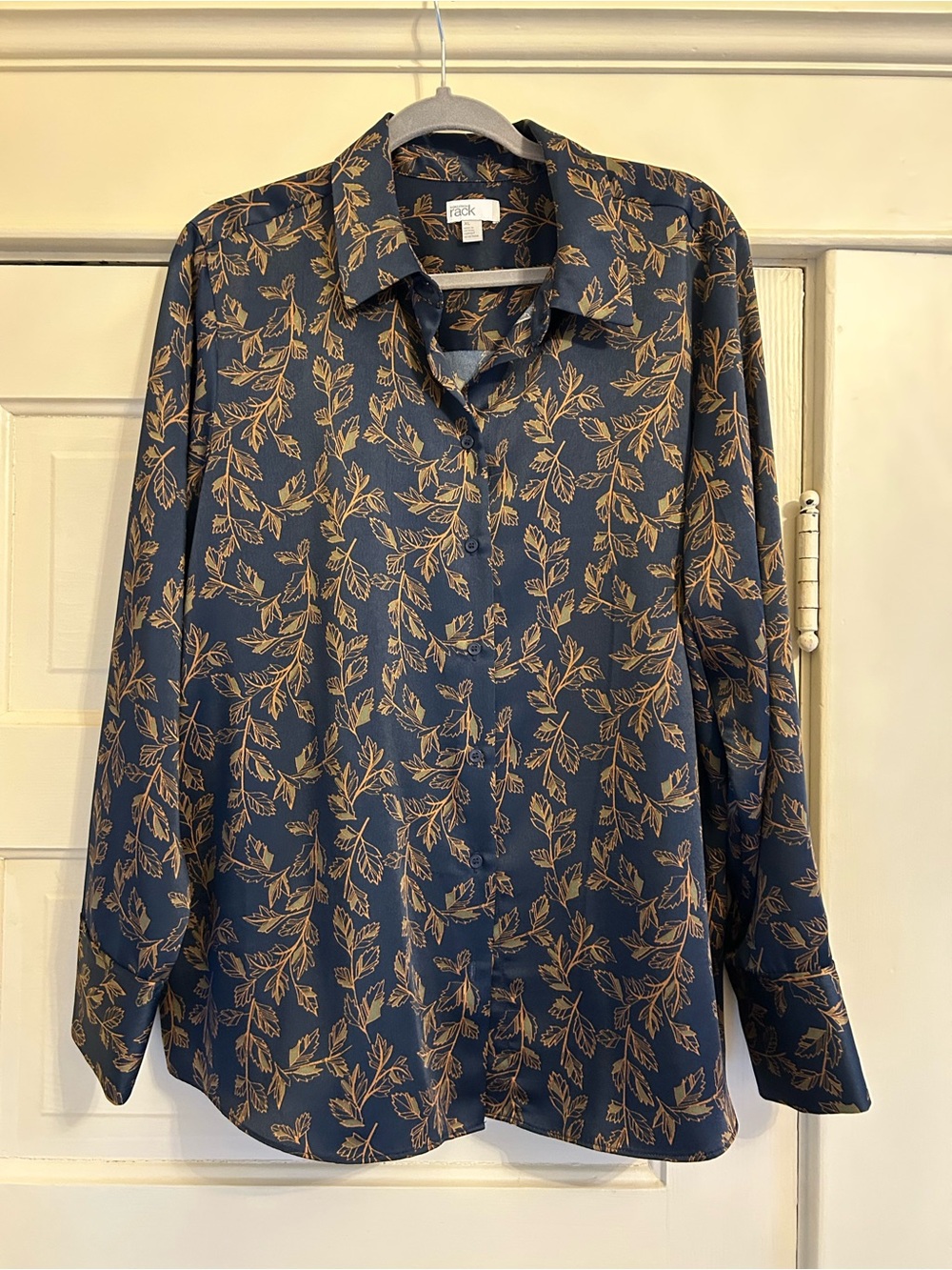 Nordstrom Navy Button-Down Shirt with Tan Leaf Print